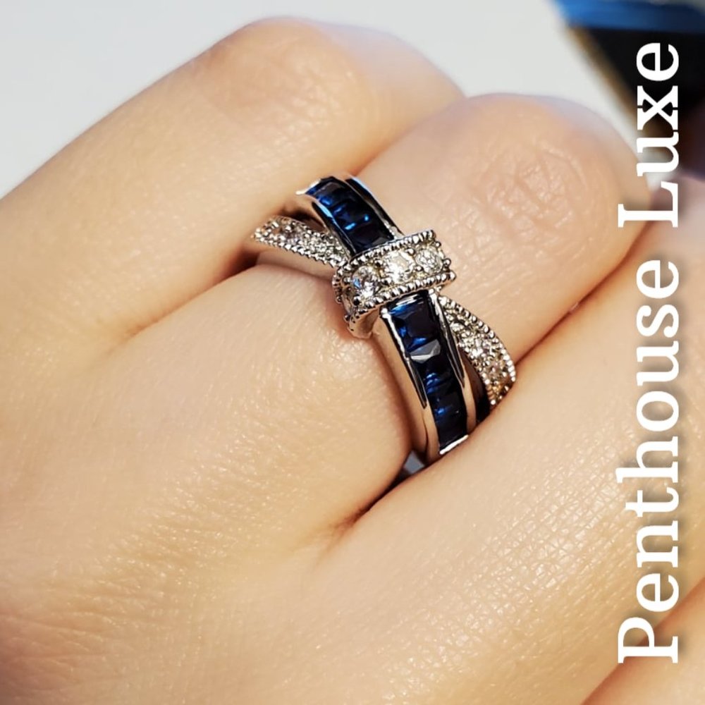 FINAL RESTOCK!! Blue Sapphire Criss Cross 10k White Gold Plated Bow Ring - Picture 2 of 6